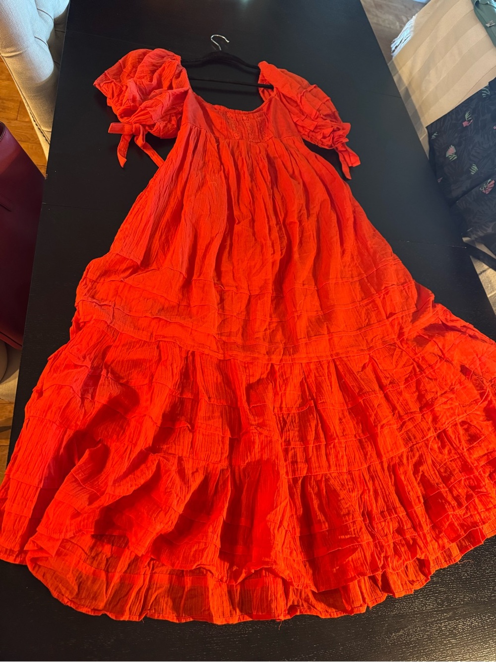 Free People Bright Red Puff-Sleeve Tiered Dress